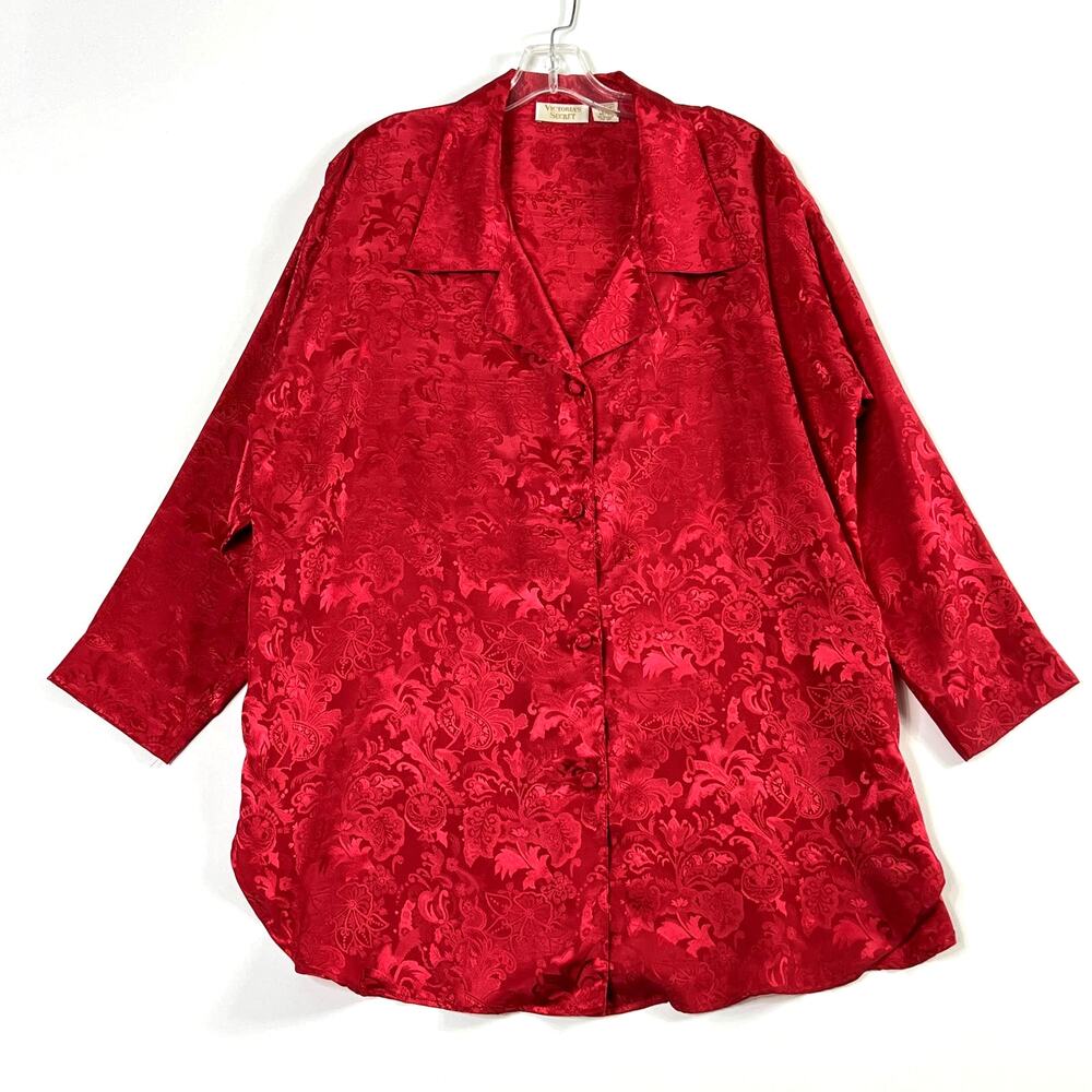 Victorias Secret Vintage Gold Label Satin Floral Button Night Shirt Red M L
